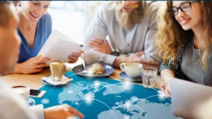 Global digital marketing concept showing a connected world map with social media and advertising