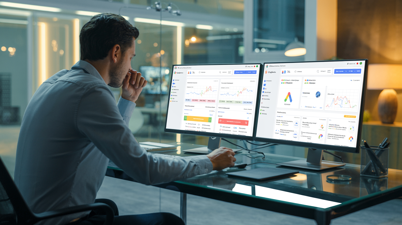 Marketer creating PPC campaigns on Google Ads and social media platforms