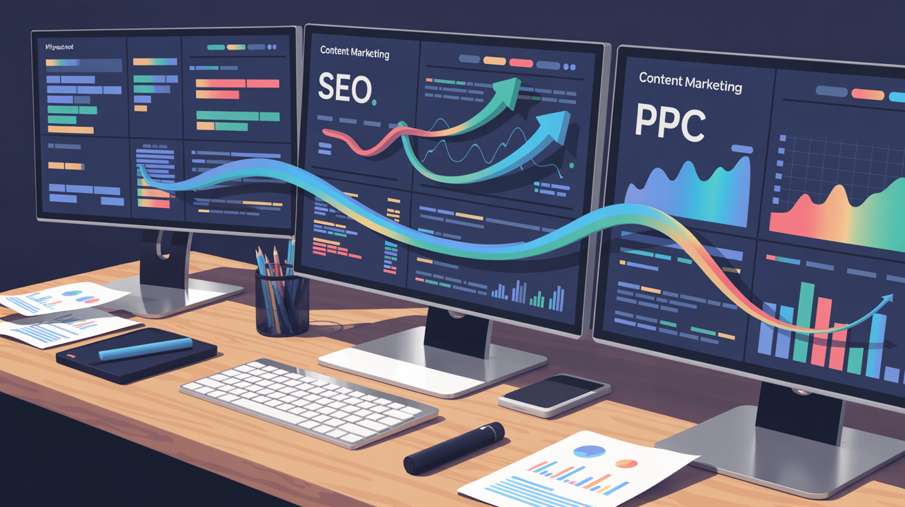 Integrated digital marketing strategy system showing SEO, PPC, and content marketing synergy