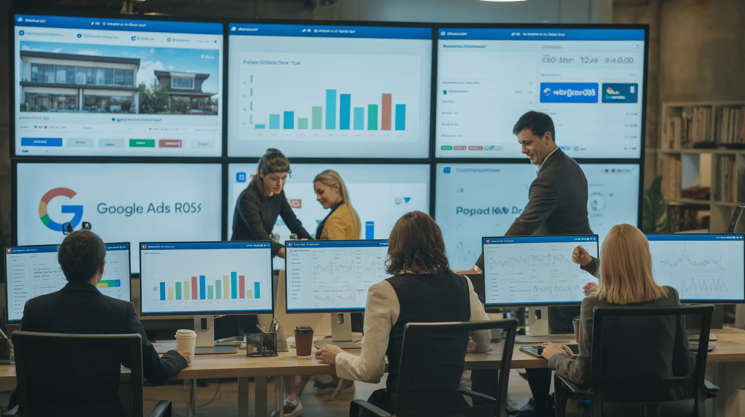 Wide-angle view of real estate agency office with agents working on online property listings