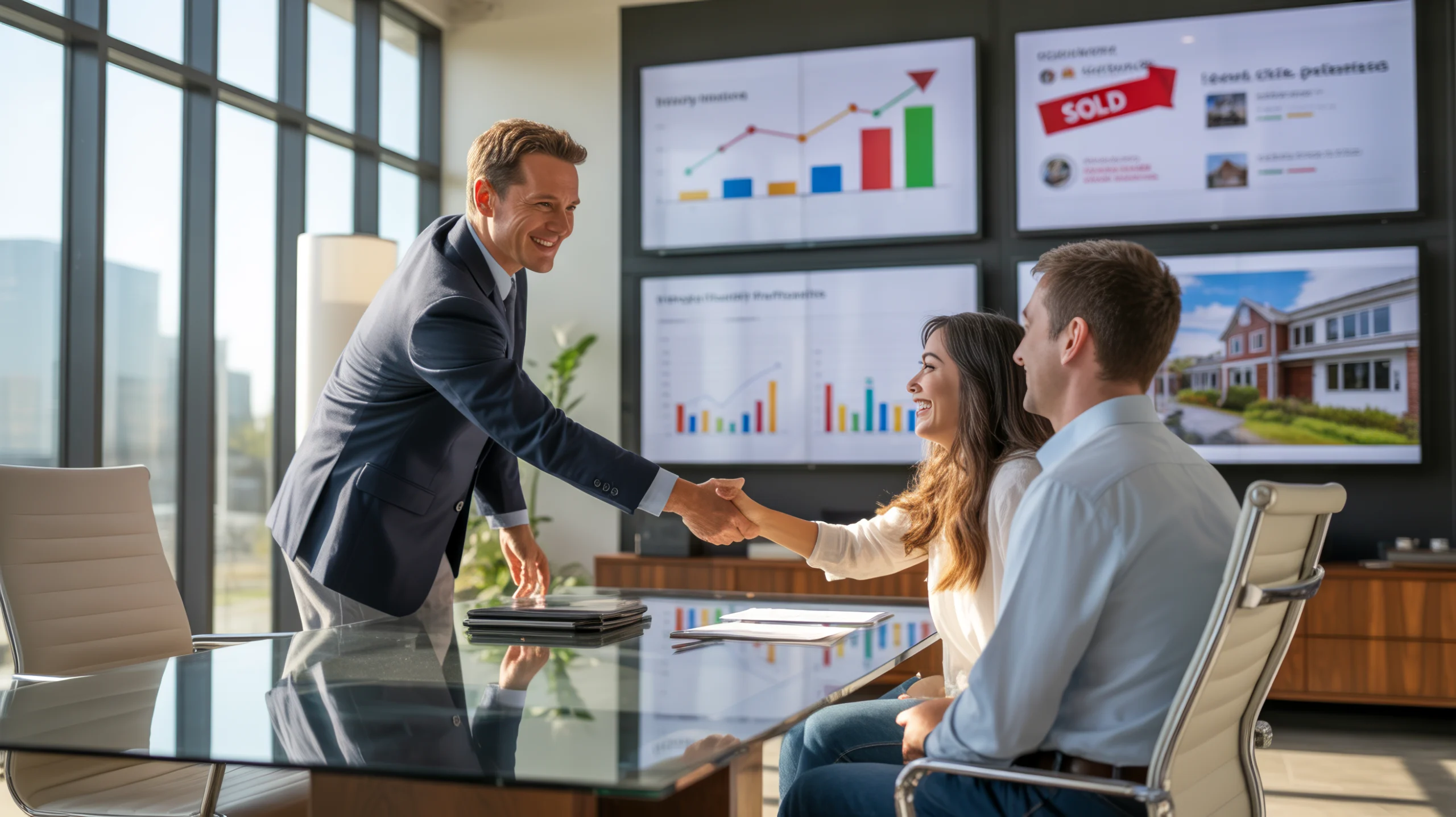 Digital Marketing Agency for Real Estate. Real estate agent celebrating lead generation success with clients in modern office, showing effective digital marketing results