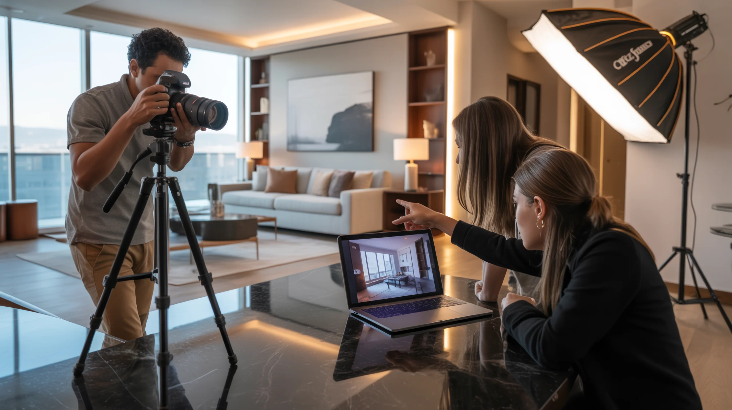 Professional property photoshoot for real estate listings with marketing team reviewing shots